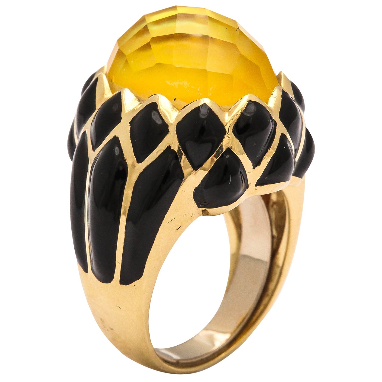 Black Enamel Faceted Citrine Gold Ring